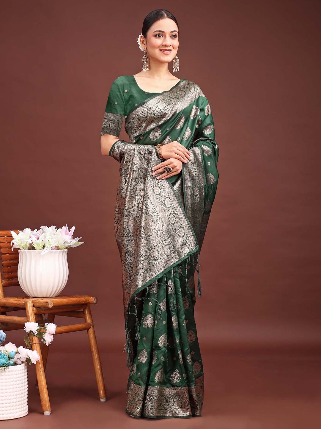 Teal Banarasi Silk Saree with Intricate Silver Zari Weaving for Festive Elegance - Image 4