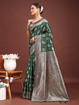 Teal Banarasi Silk Saree with Intricate Silver Zari Weaving for Festive Elegance - Image 2