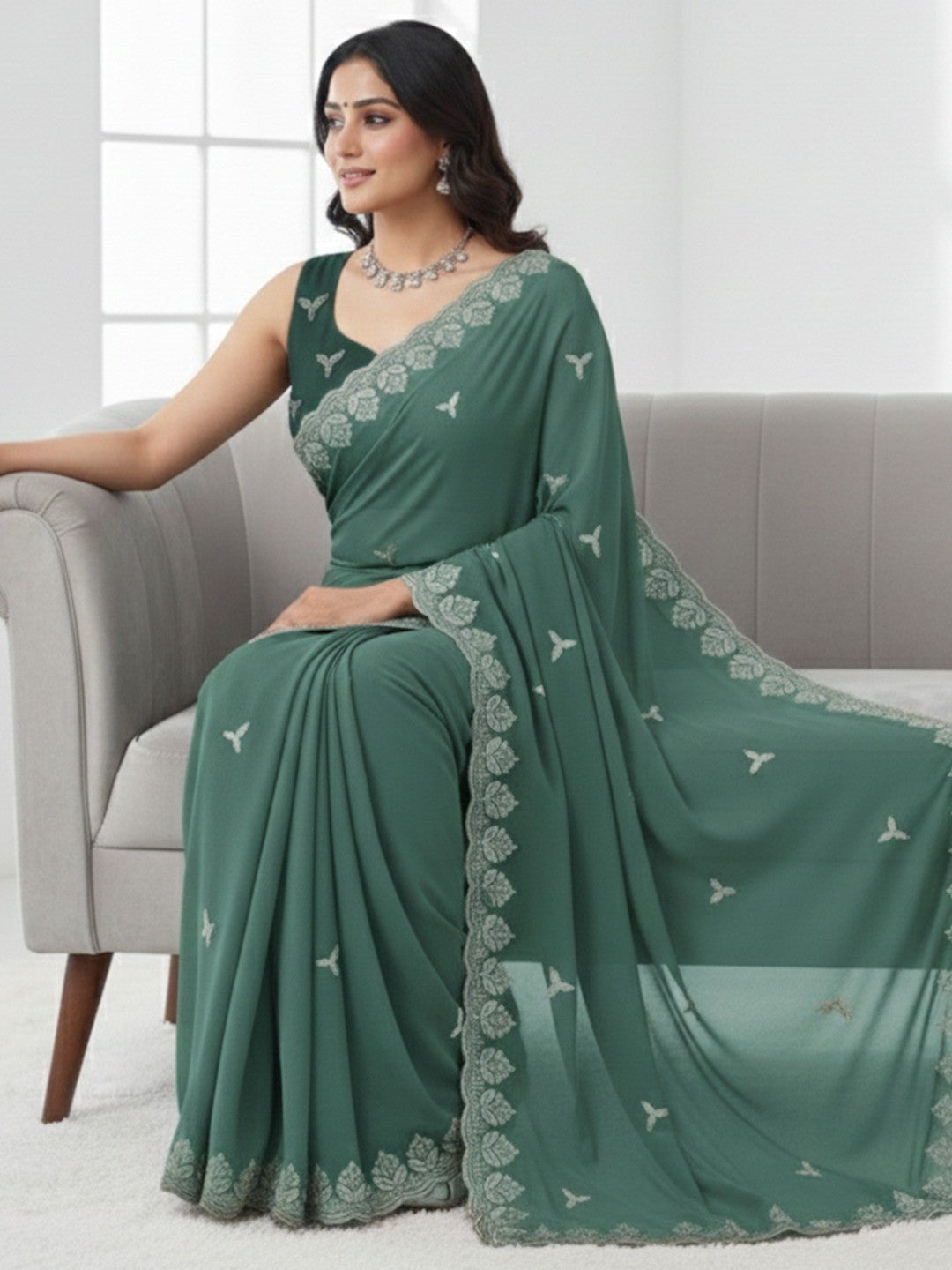 Graceful Green Georgette Saree Featuring Floral Zari Embroidery & Delicate Sequins Work - Image 1