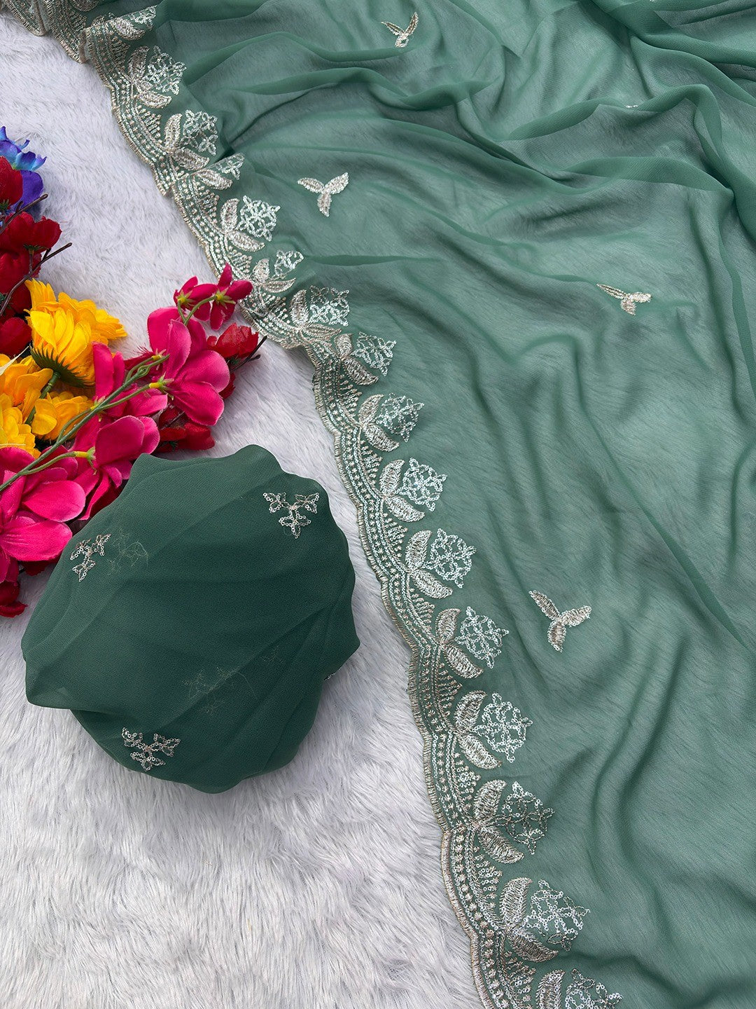 Graceful Green Georgette Saree Featuring Floral Zari Embroidery & Delicate Sequins Work - Image 3