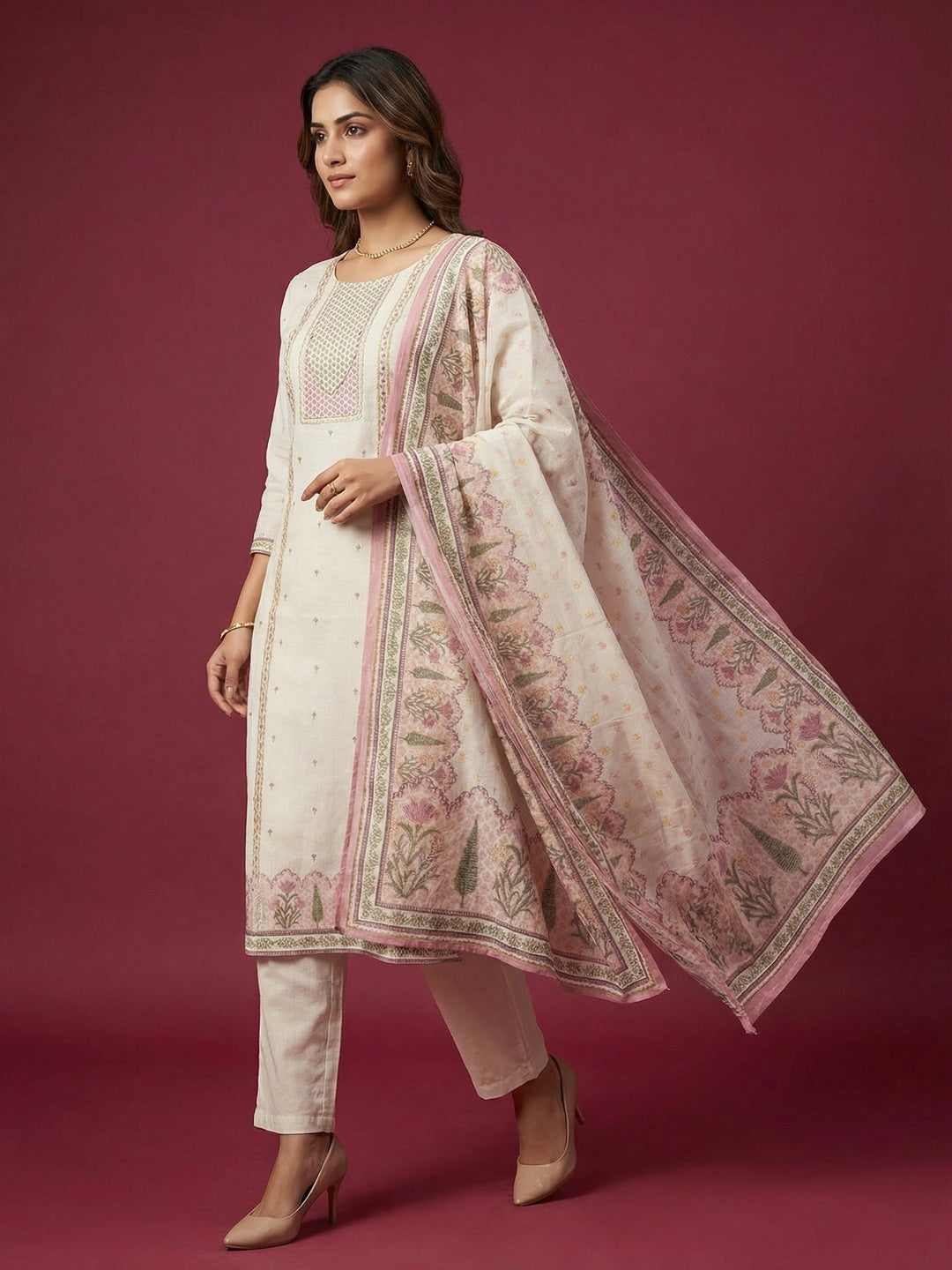Off White Pure Cotton Straight Fit Salwar Suit with Decorative Bead Work - Image 3