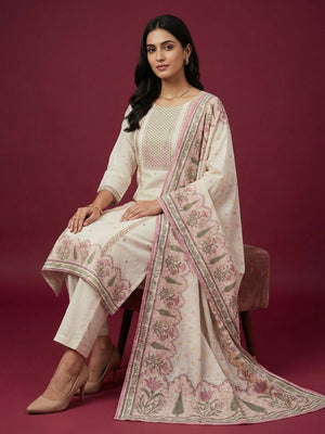 Off White Pure Cotton Straight Fit Salwar Suit with Decorative Bead Work - Image 2