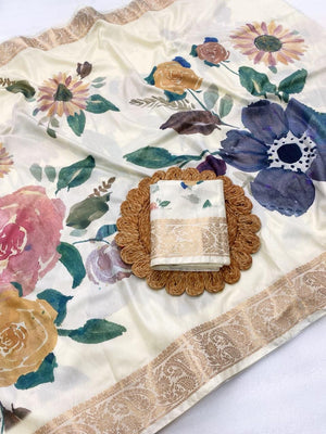 Charming Cream Floral Digital Printed Tussar Dola Silk Saree Enhanced With Luxurious Zari Border - Image 2