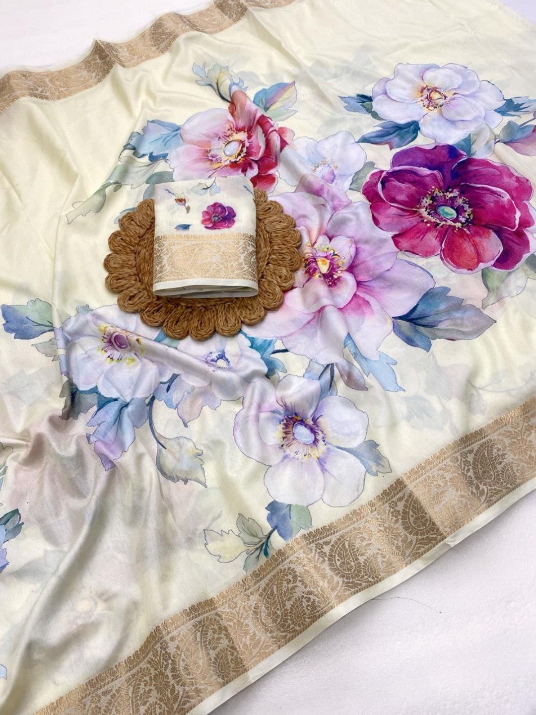 Timeless Cream Floral Digitally Printed Tussar Dola Silk Saree With Traditional Zari Weaving Border - Image 2