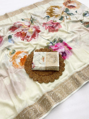 Elegant Cream Floral Digital Printed Tussar Dola Silk Saree Adorned With Rich Zari Weaving Border - Image 2
