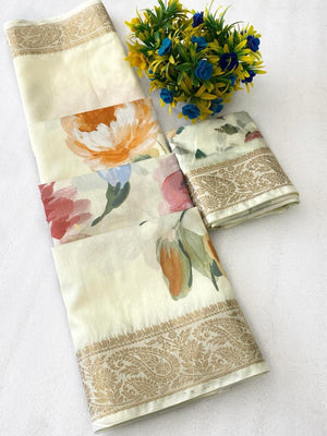 Elegant Cream Floral Digital Printed Tussar Dola Silk Saree Adorned With Rich Zari Weaving Border - Image 3