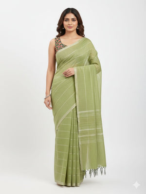 Graceful Green Stripe Pattern Linen Saree Featuring Fine Self Zari Weaving With Tassel Pallu - Image 1