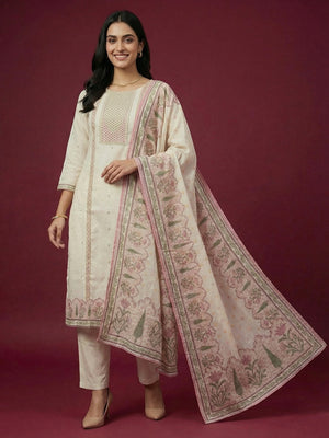 Off White Pure Cotton Straight Fit Salwar Suit with Decorative Bead Work - Image 1