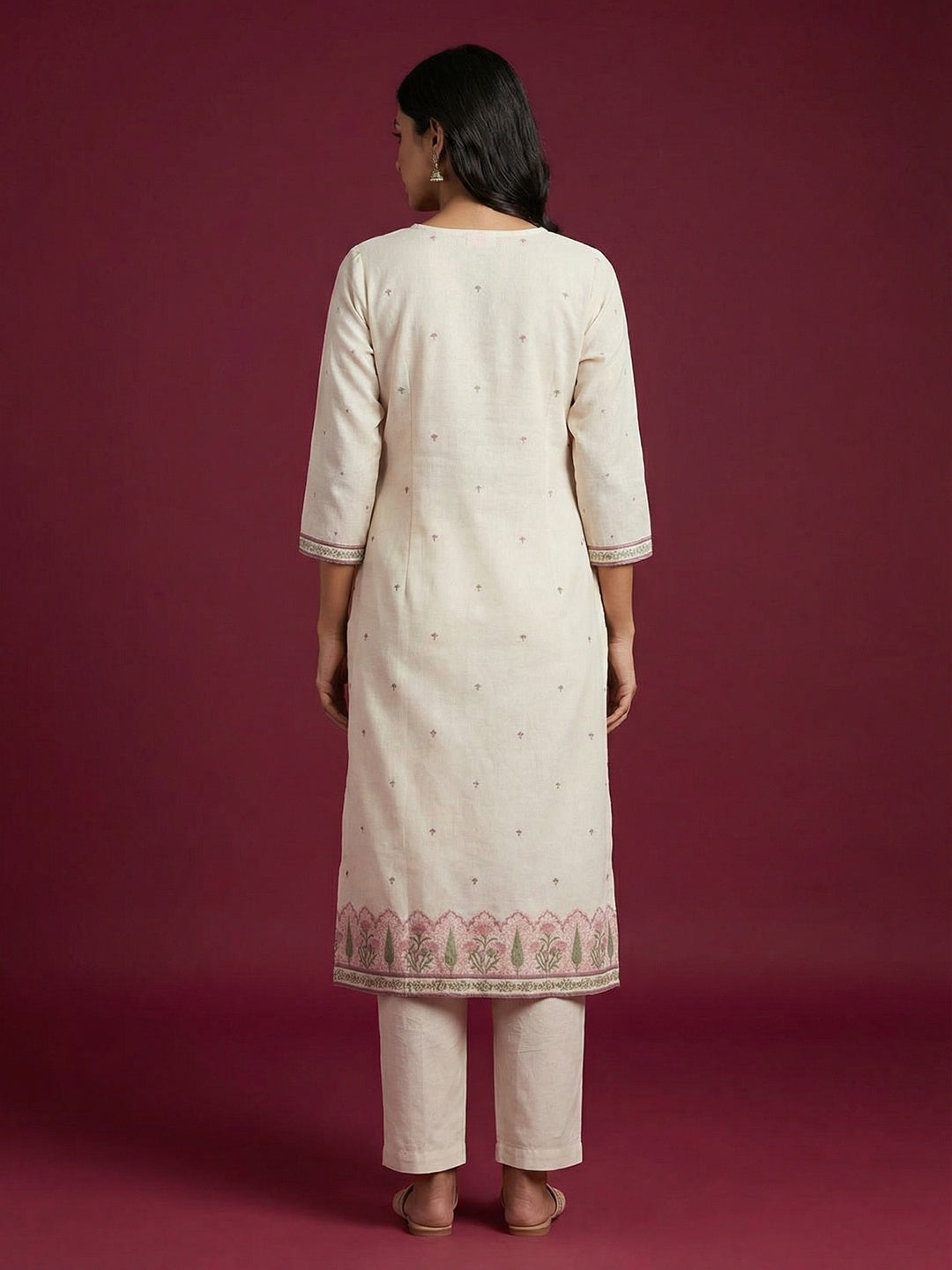 Off White Pure Cotton Straight Fit Salwar Suit with Decorative Bead Work - Image 4