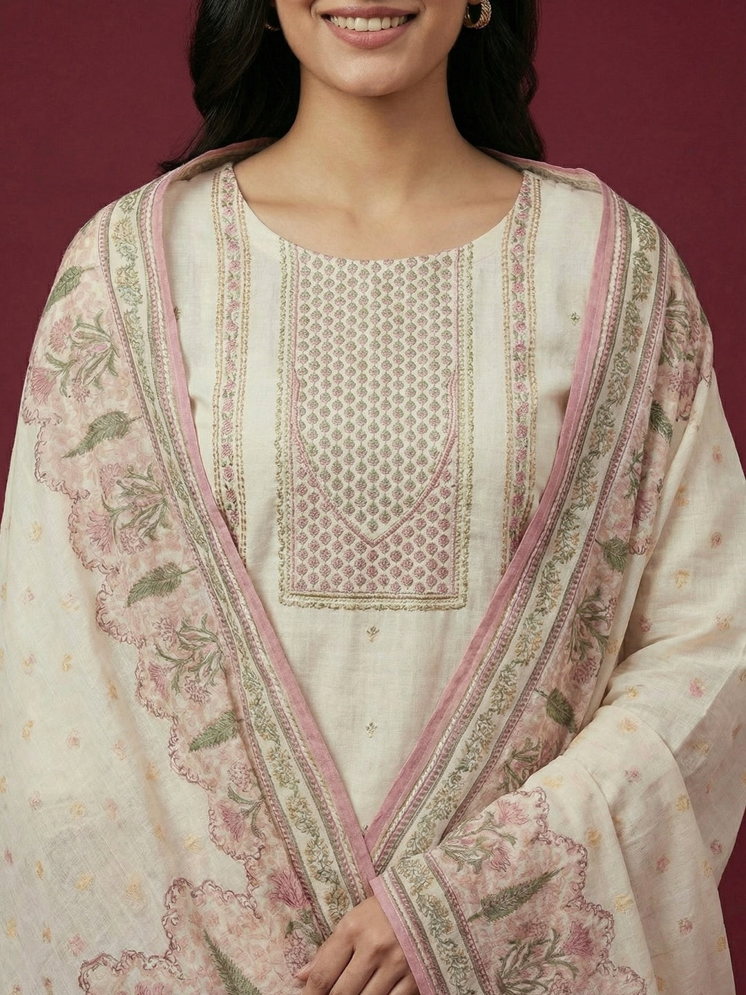 Off White Pure Cotton Straight Fit Salwar Suit with Decorative Bead Work - Image 5