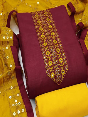 Elegant Maroon Cotton Blend Dress Material Adorned With Floral Embroidery & Delicate Sequins Work - Image 2