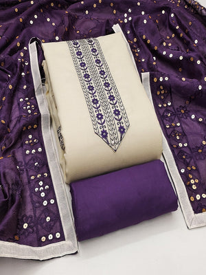 Elegant Cream Cotton Blend Dress Material Adorned With Floral Embroidery & Delicate Sequins Work - Image 1