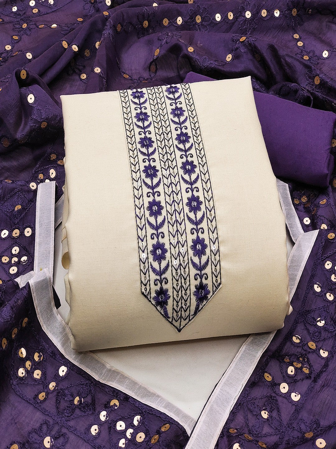 Elegant Cream Cotton Blend Dress Material Adorned With Floral Embroidery & Delicate Sequins Work - Image 3