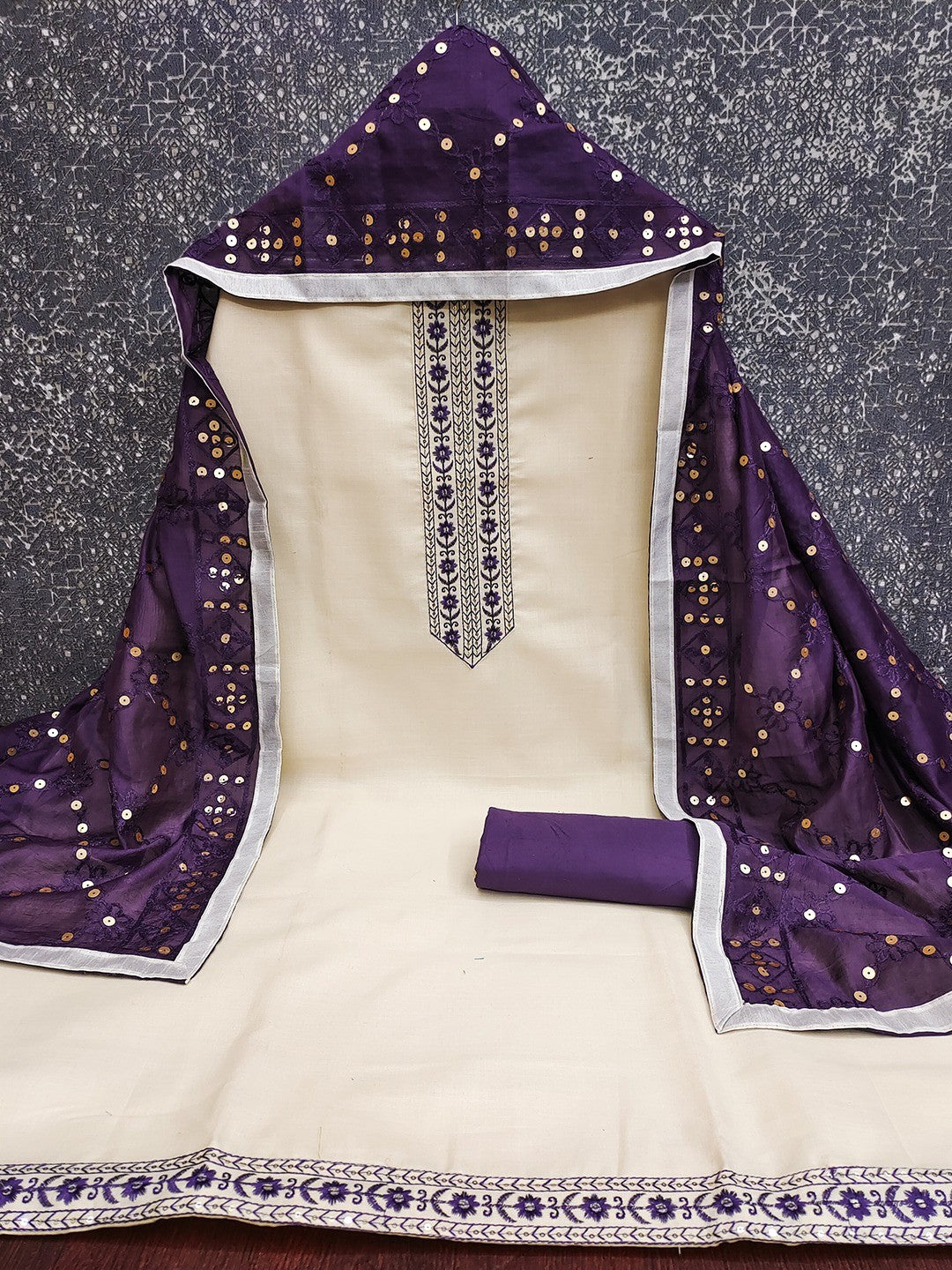 Elegant Cream Cotton Blend Dress Material Adorned With Floral Embroidery & Delicate Sequins Work - Image 2