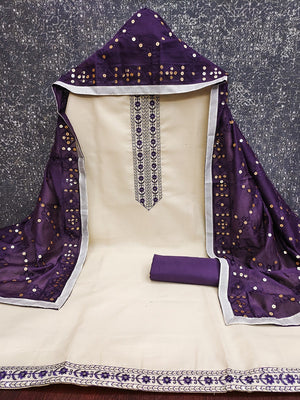Elegant Cream Cotton Blend Dress Material Adorned With Floral Embroidery & Delicate Sequins Work - Image 2