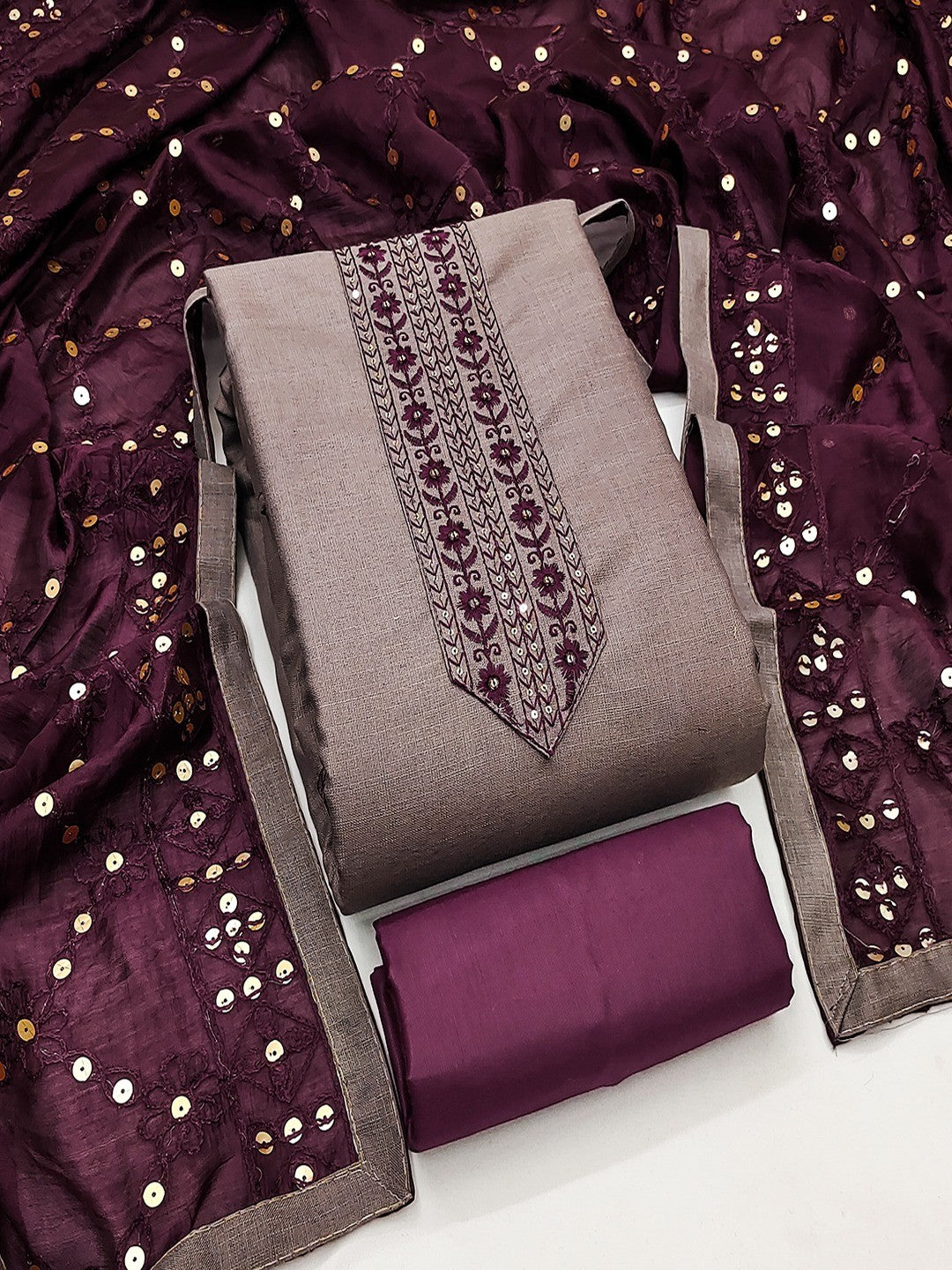 Elegant Misty Mauve Cotton Blend Dress Material Adorned With Floral Embroidery & Delicate Sequins