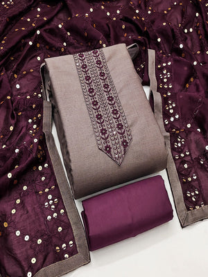 Elegant Misty Mauve Cotton Blend Dress Material Adorned With Floral Embroidery & Delicate Sequins