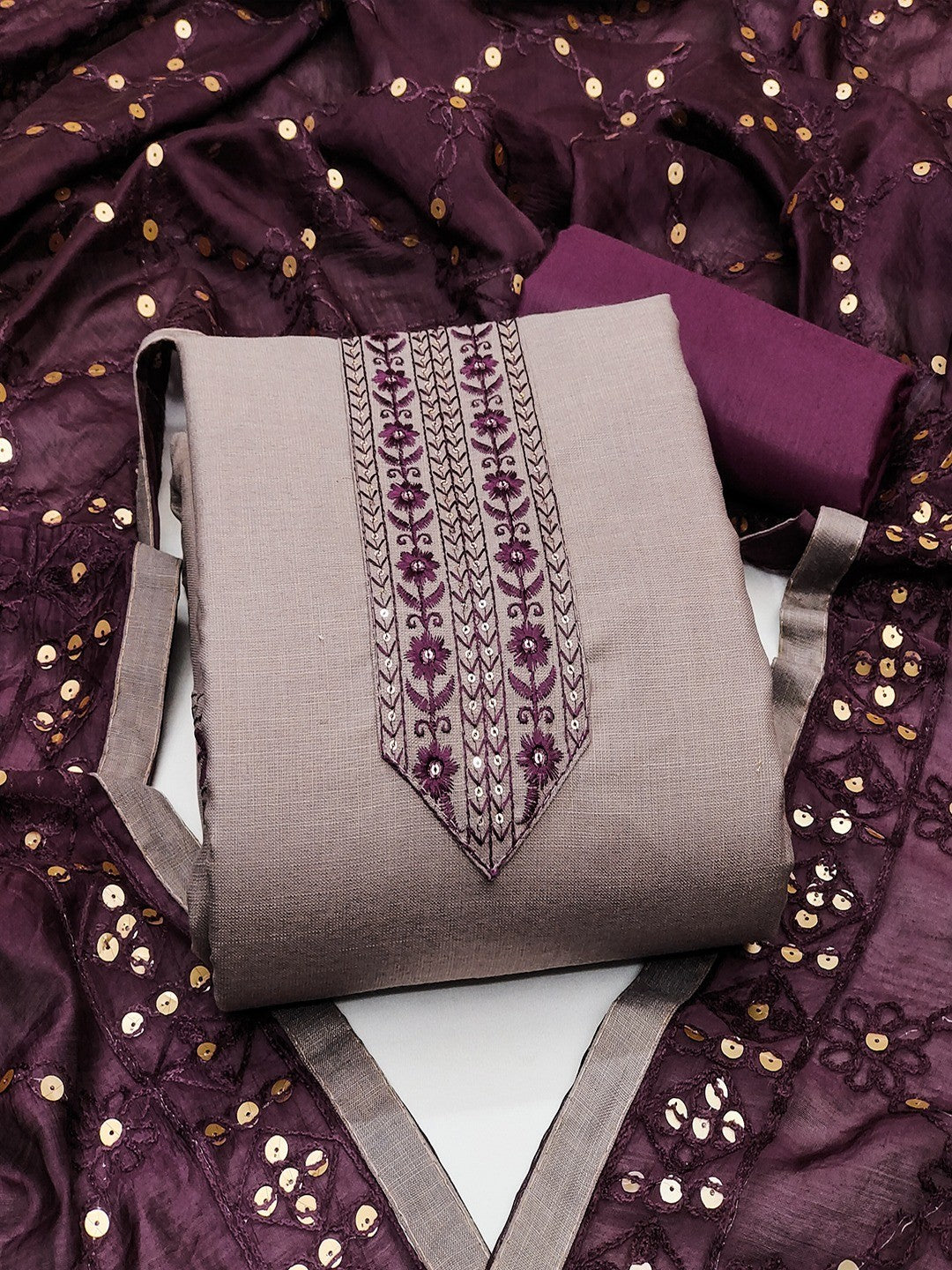 Elegant Misty Mauve Cotton Blend Dress Material Adorned With Floral Embroidery & Delicate Sequins - Image 3