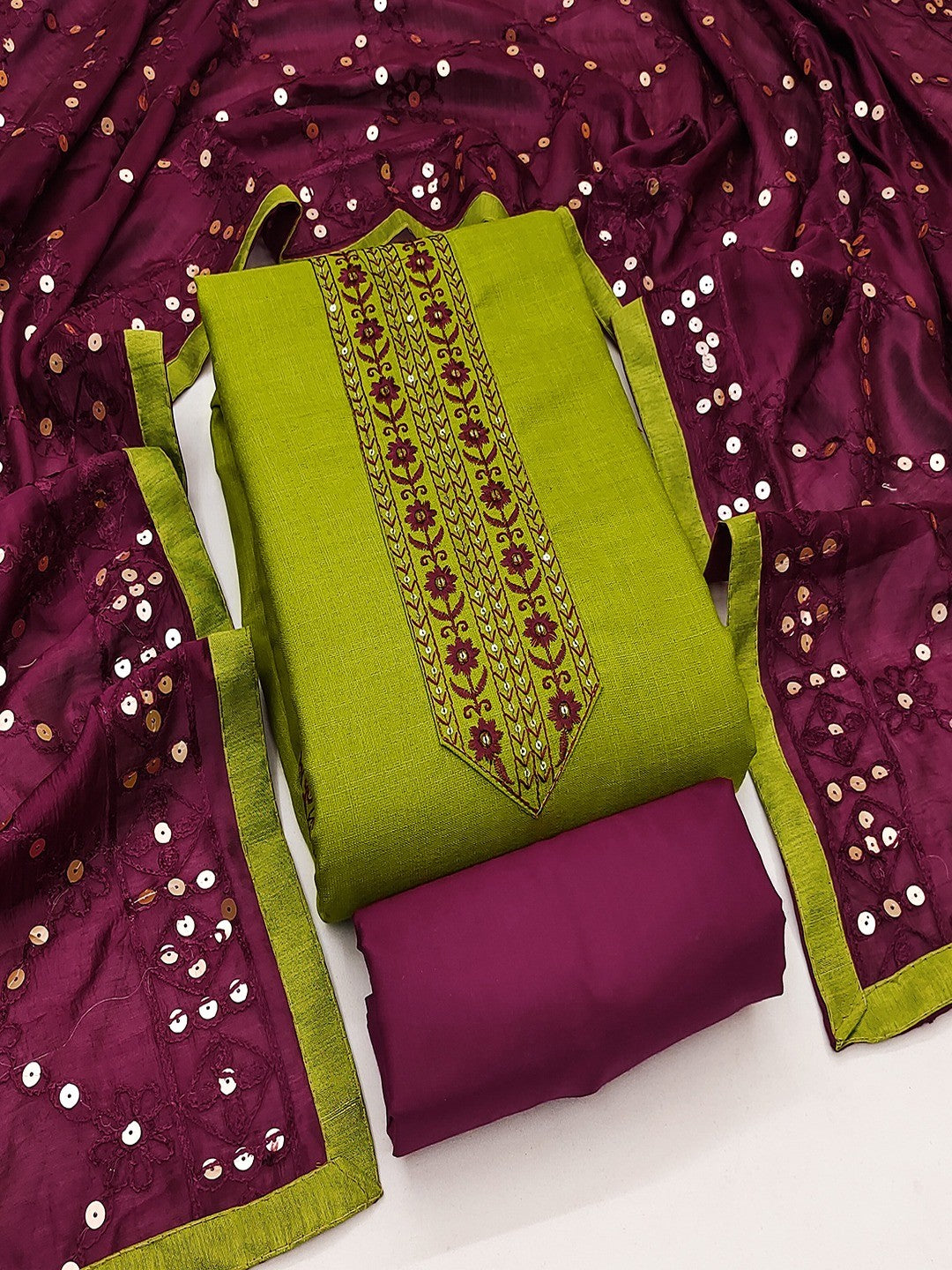 Elegant Green Cotton Blend Dress Material Adorned With Floral Embroidery & Delicate Sequins Work - Image 1