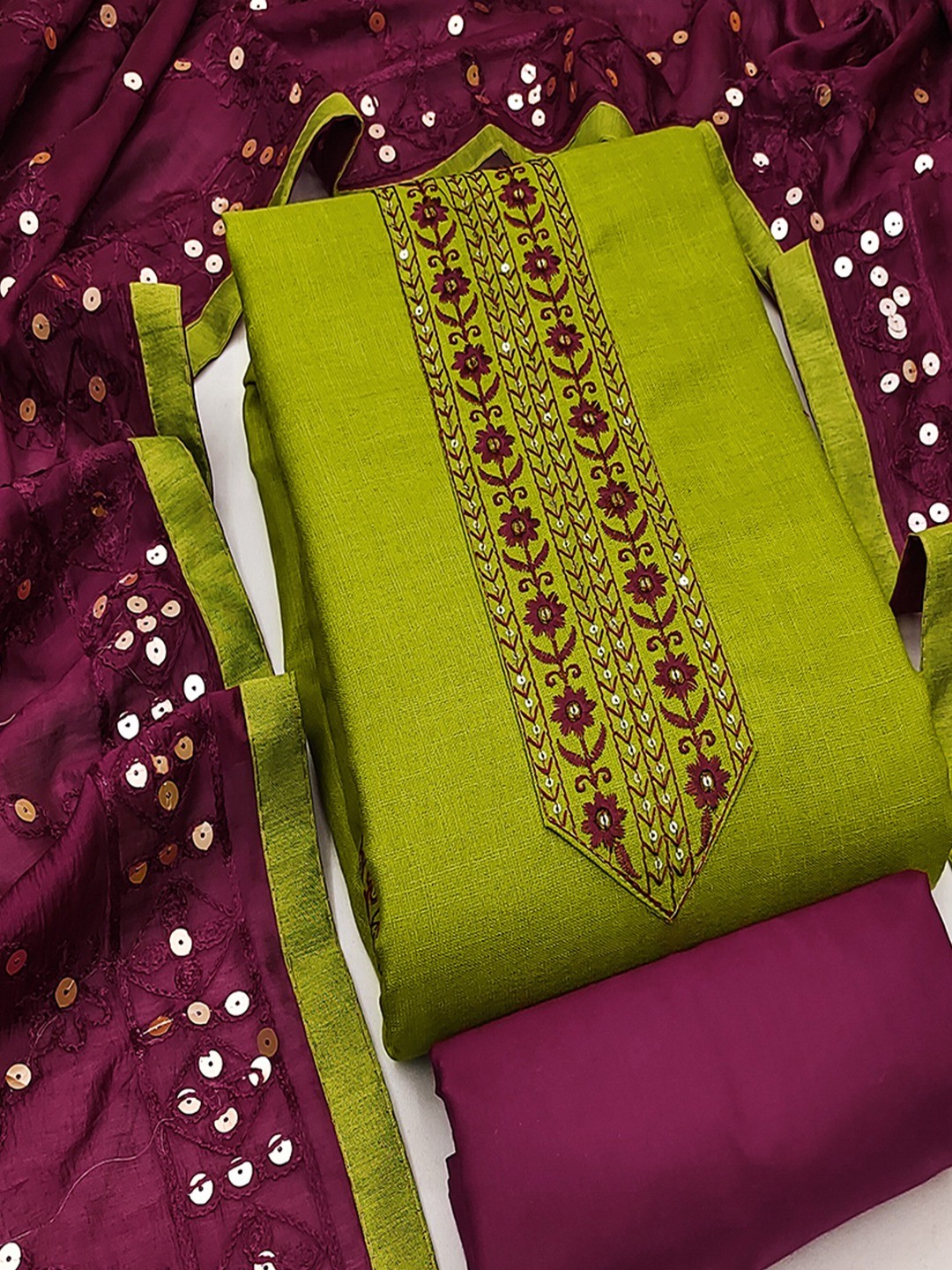 Elegant Green Cotton Blend Dress Material Adorned With Floral Embroidery & Delicate Sequins Work - Image 4