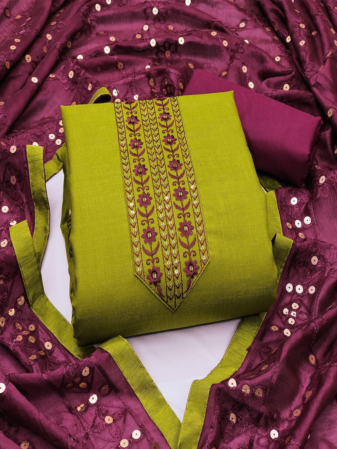 Elegant Green Cotton Blend Dress Material Adorned With Floral Embroidery & Delicate Sequins Work - Image 3