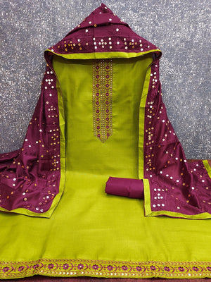 Elegant Green Cotton Blend Dress Material Adorned With Floral Embroidery & Delicate Sequins Work - Image 2