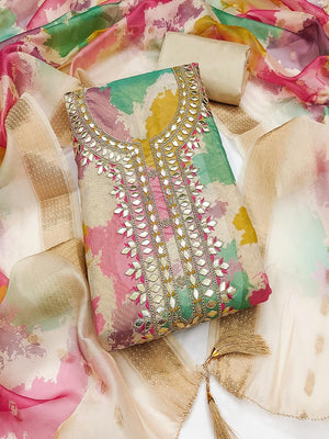 Multicolor Digital Printed Shimmer Dress Material Enhanced With Cording Embroidery & Gota Patti Work - Image 1