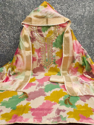 Multicolor Digital Printed Shimmer Dress Material Enhanced With Cording Embroidery & Gota Patti Work - Image 2