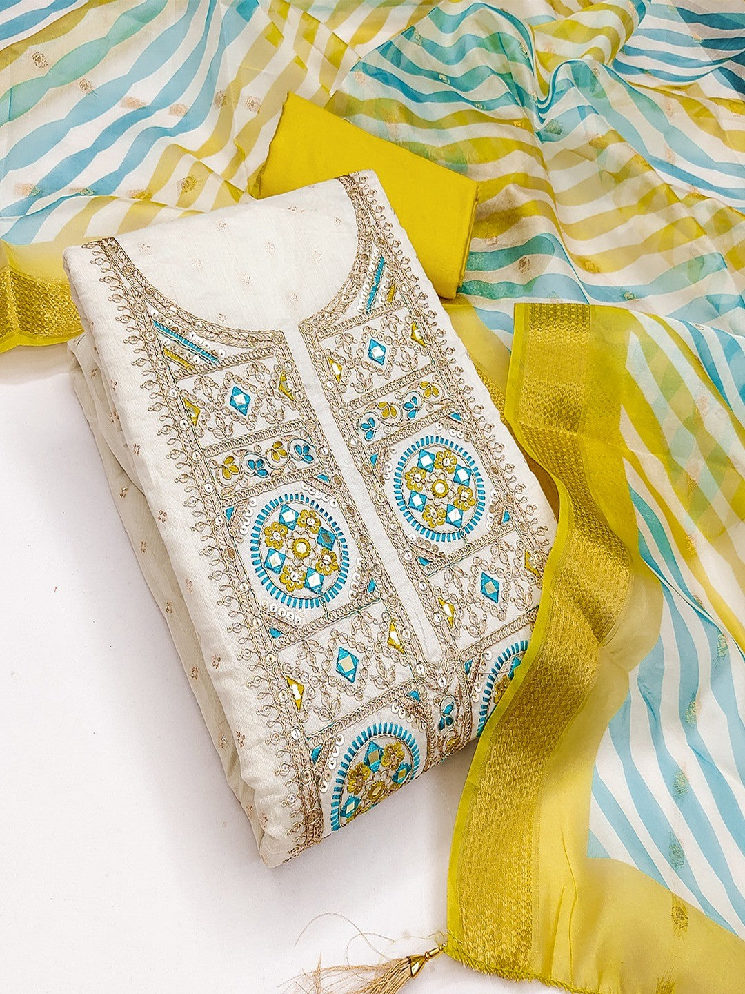 Elegant Cream & Mustard Butti Weaving Chanderi Silk Dress Material With Cording Sequins Embroidery - Image 1