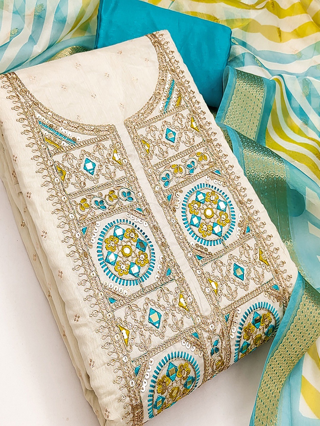Elegant Cream & Blue Butti Weaving Chanderi Silk Dress Material With Cording Sequins Embroidery - Image 5
