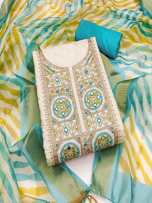 Elegant Cream & Blue Butti Weaving Chanderi Silk Dress Material With Cording Sequins Embroidery - Image 4