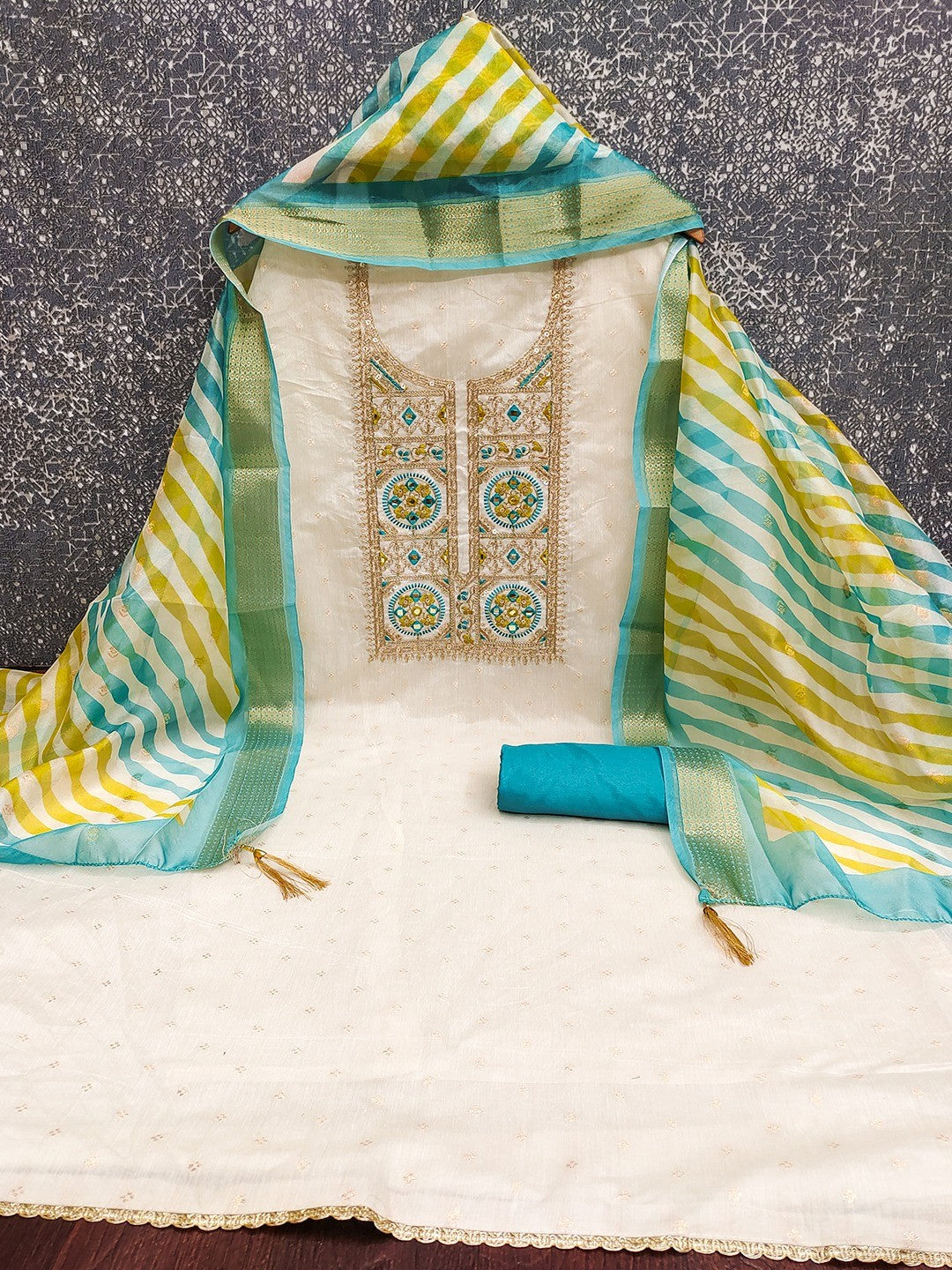 Elegant Cream & Blue Butti Weaving Chanderi Silk Dress Material With Cording Sequins Embroidery - Image 3