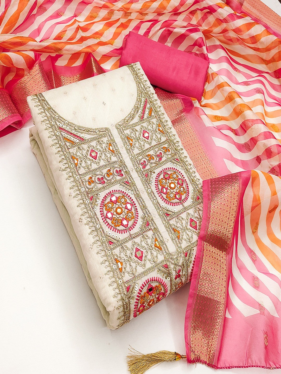 Elegant Cream & Pink Butti Weaving Chanderi Silk Dress Material With Cording Sequins Embroidery - Image 1