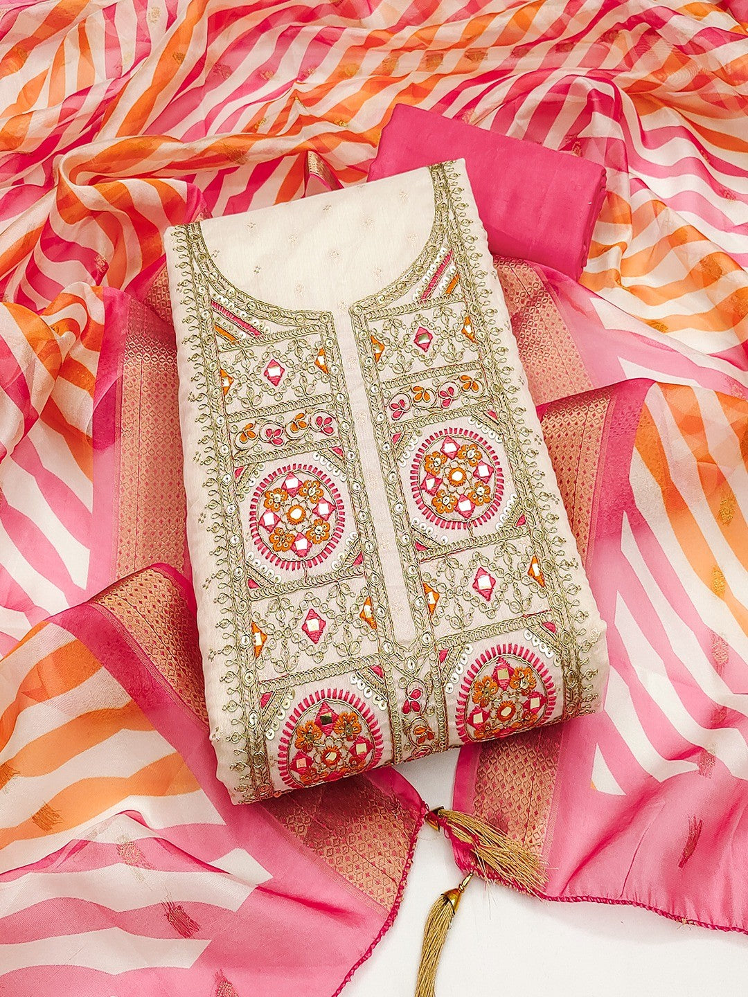Elegant Cream & Pink Butti Weaving Chanderi Silk Dress Material With Cording Sequins Embroidery - Image 4