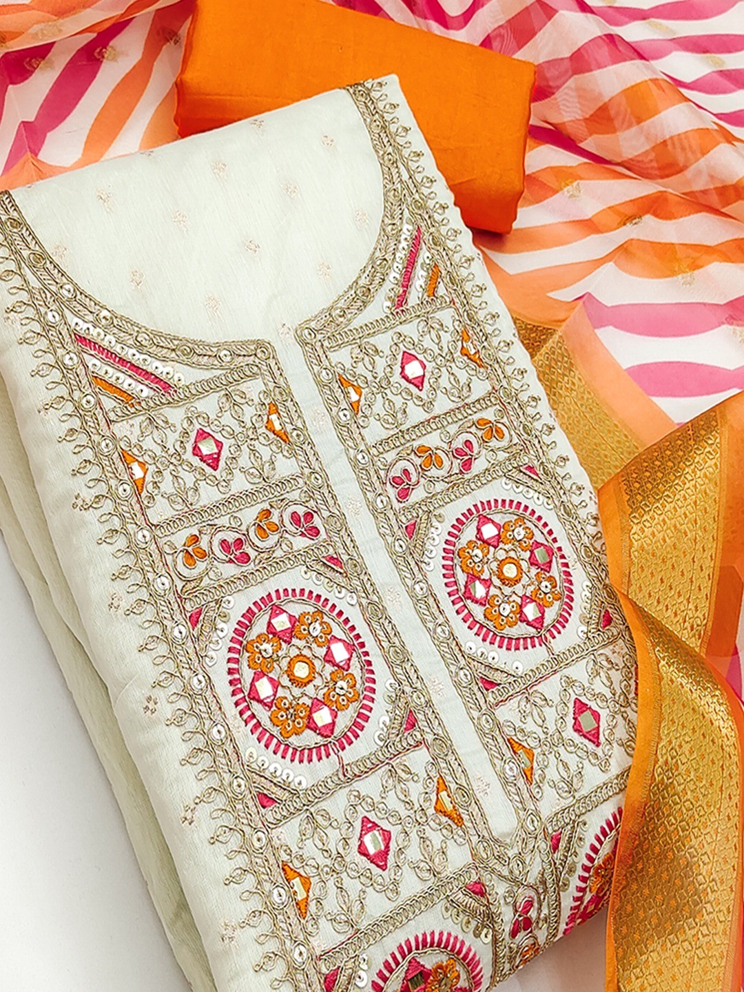 Elegant Cream & Orange Butti Weaving Chanderi Silk Dress Material With Cording Sequins Embroidery - Image 5