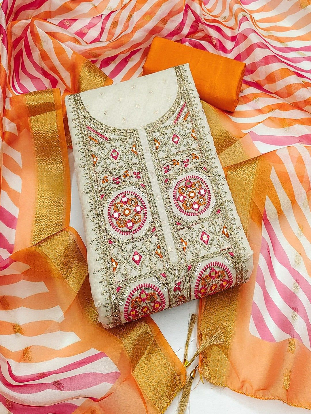 Elegant Cream & Orange Butti Weaving Chanderi Silk Dress Material With Cording Sequins Embroidery - Image 4