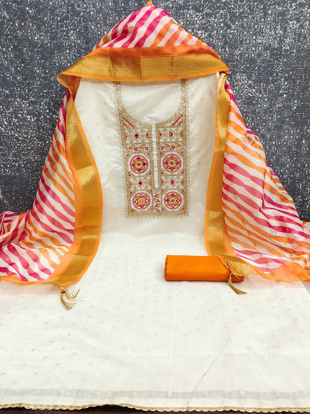 Elegant Cream & Orange Butti Weaving Chanderi Silk Dress Material With Cording Sequins Embroidery - Image 3