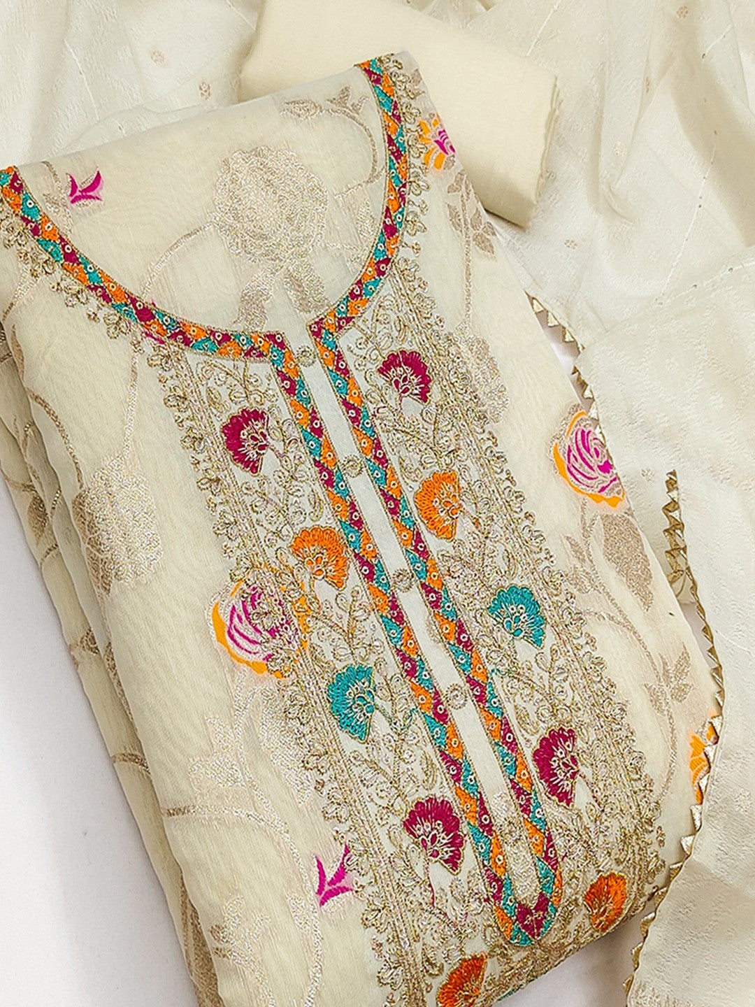 Elegant Cream Floral Weaving Meenakari Jacquard Dress Material With Intricate Cording Embroidery - Image 5