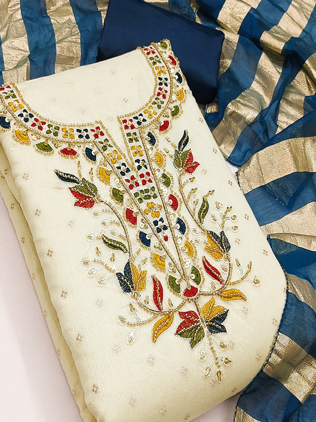 Graceful Cream & Blue Butti Woven Chanderi Silk Dress Material With Beads & Sequins Embroidery - Image 4