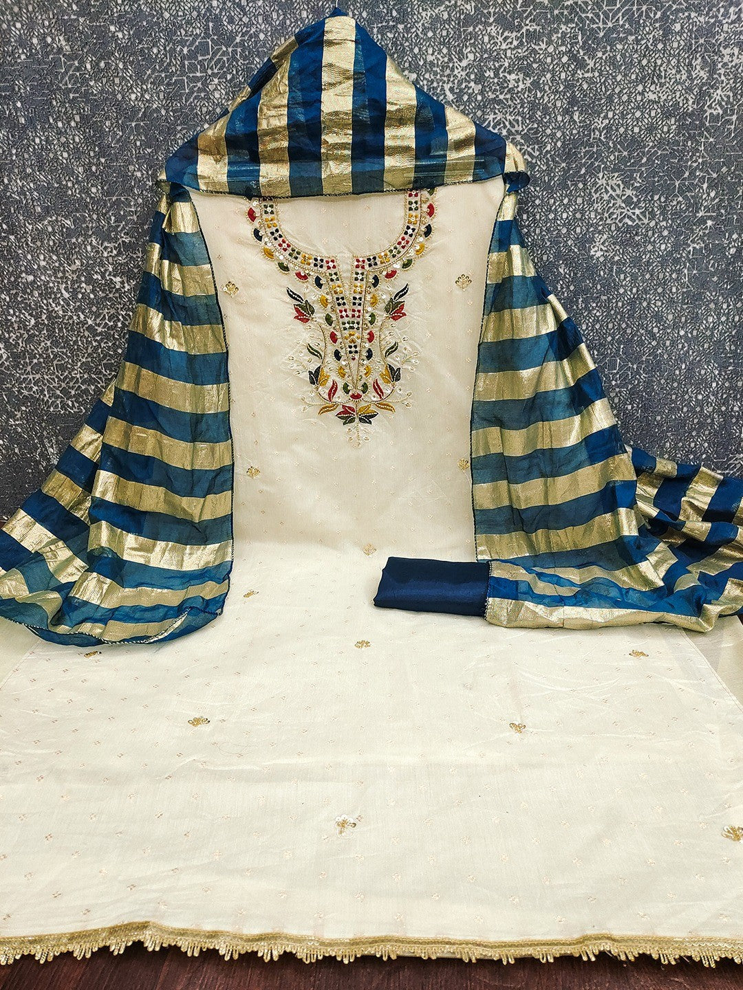 Graceful Cream & Blue Butti Woven Chanderi Silk Dress Material With Beads & Sequins Embroidery - Image 2