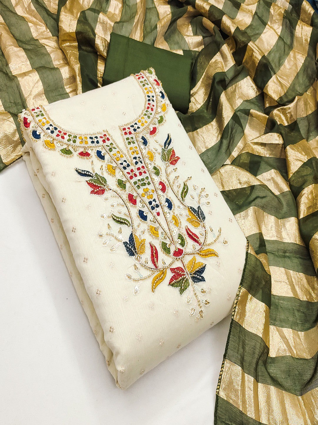 Graceful Cream & Green Butti Woven Chanderi Silk Dress Material With Beads & Sequins Embroidery - Image 1