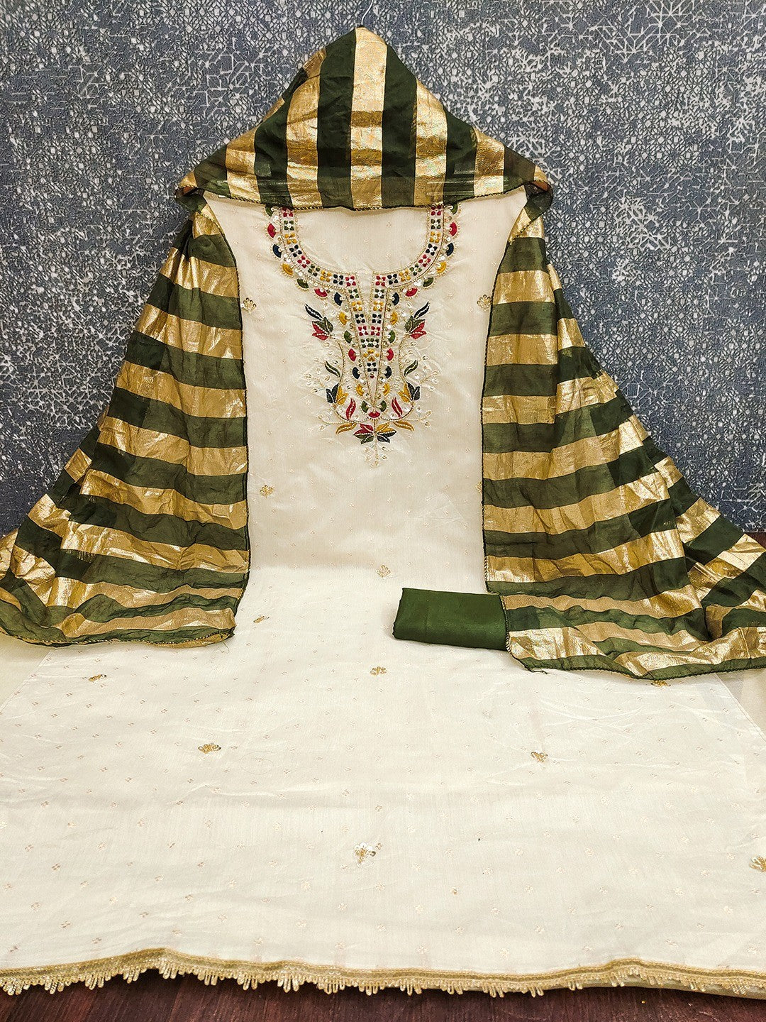 Graceful Cream & Green Butti Woven Chanderi Silk Dress Material With Beads & Sequins Embroidery - Image 2