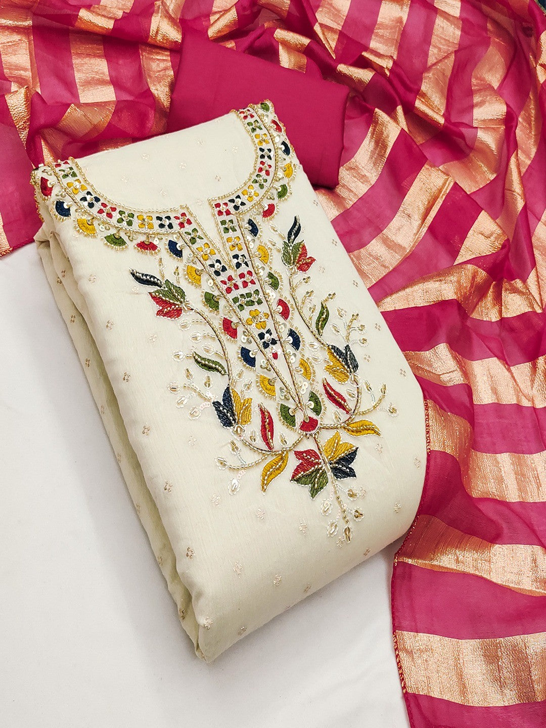 Graceful Cream & Pink Butti Woven Chanderi Silk Dress Material With Beads & Sequins Embroidery - Image 1