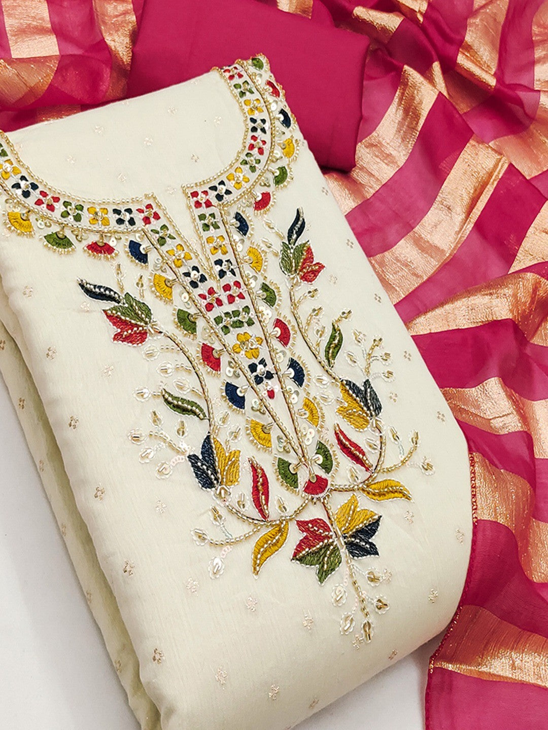 Graceful Cream & Pink Butti Woven Chanderi Silk Dress Material With Beads & Sequins Embroidery - Image 4