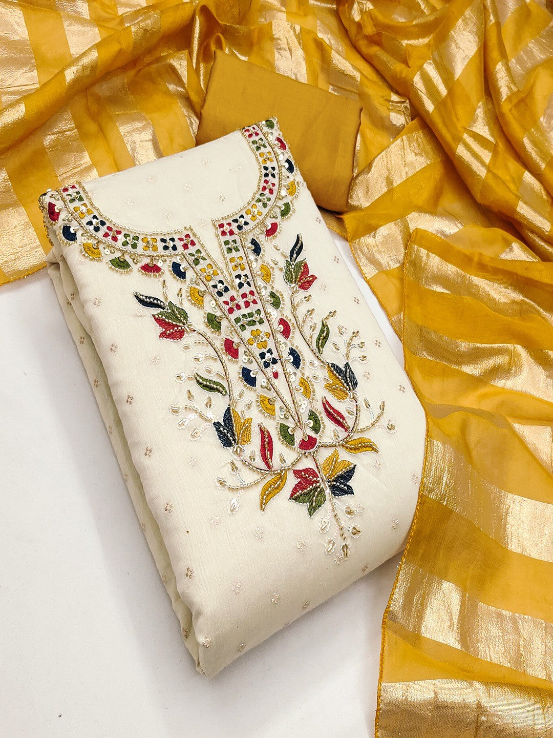 Graceful Cream & Mustard Butti Woven Chanderi Silk Dress Material With Beads & Sequins Embroidery - Image 1