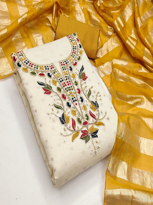 Graceful Cream & Mustard Butti Woven Chanderi Silk Dress Material With Beads & Sequins Embroidery - Image 1