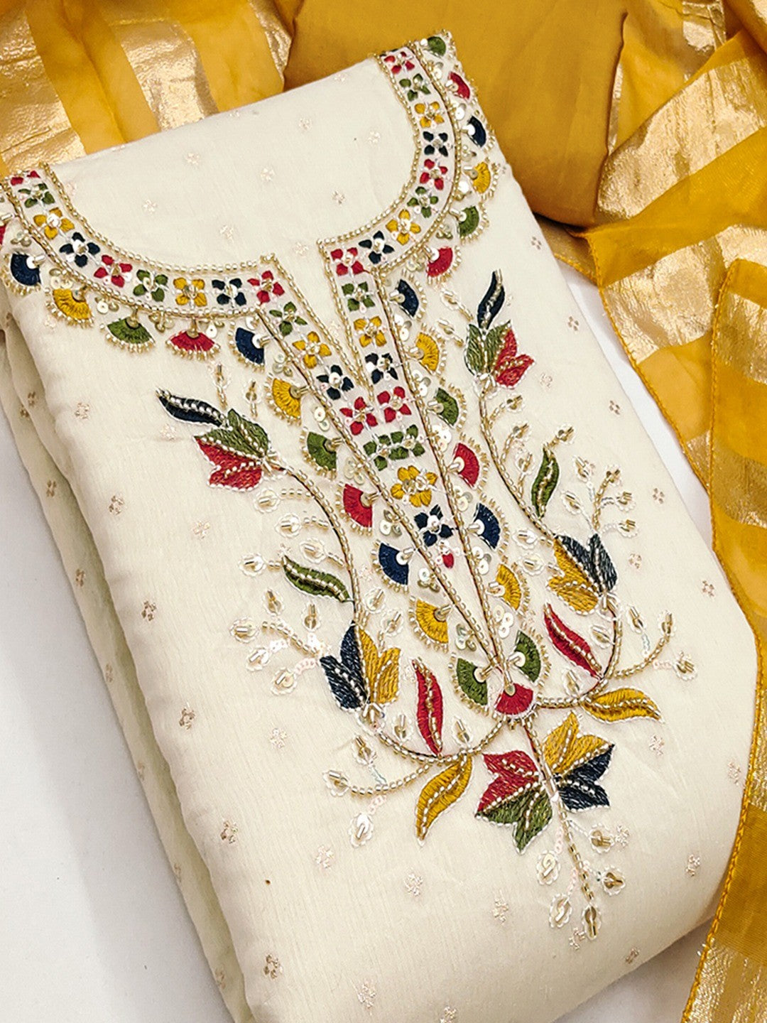 Graceful Cream & Mustard Butti Woven Chanderi Silk Dress Material With Beads & Sequins Embroidery - Image 4