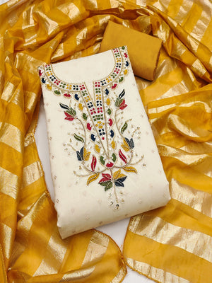 Graceful Cream & Mustard Butti Woven Chanderi Silk Dress Material With Beads & Sequins Embroidery - Image 3