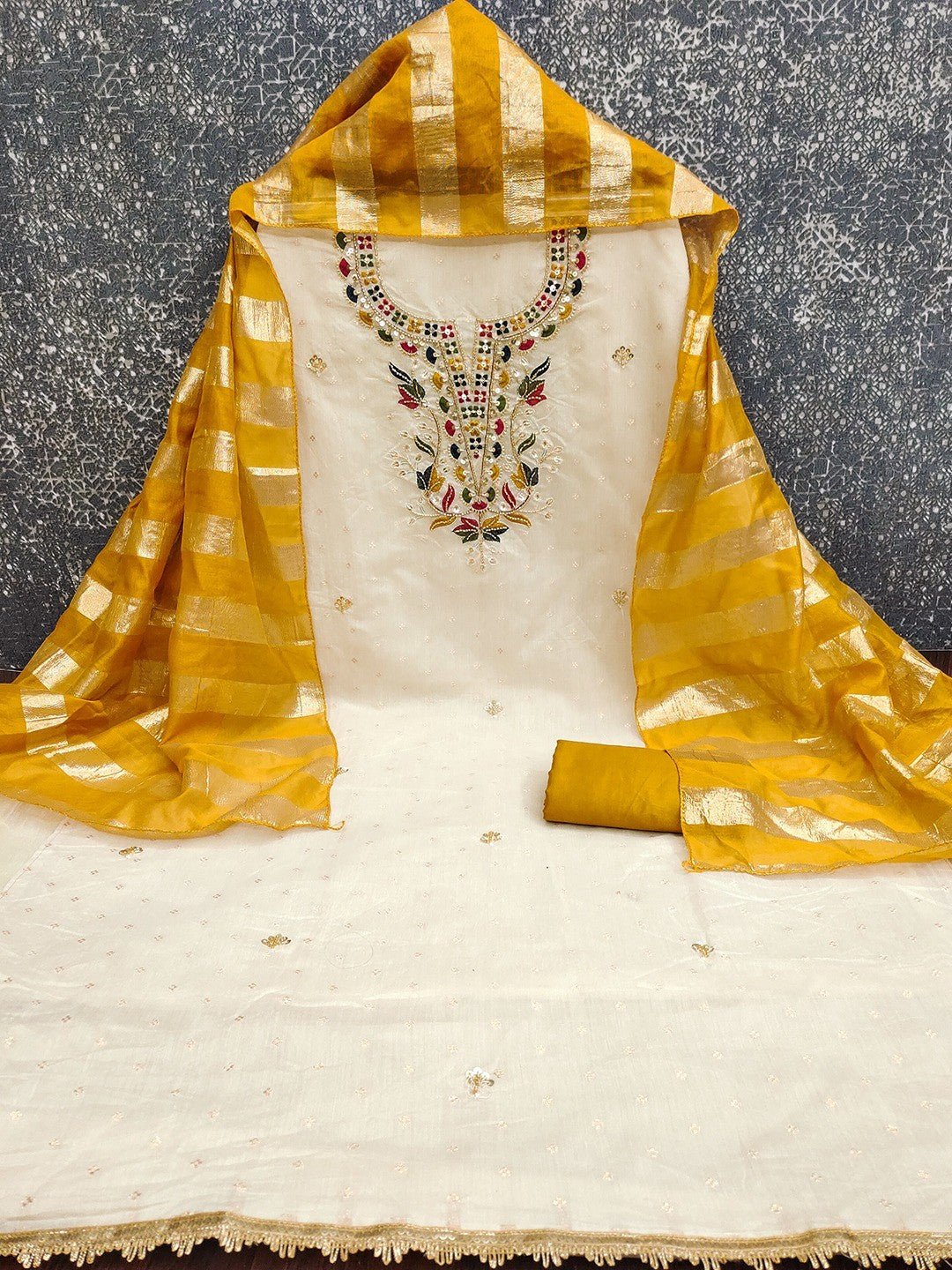 Graceful Cream & Mustard Butti Woven Chanderi Silk Dress Material With Beads & Sequins Embroidery - Image 2