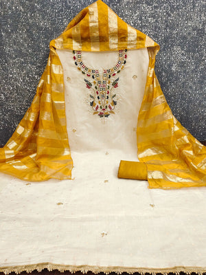 Graceful Cream & Mustard Butti Woven Chanderi Silk Dress Material With Beads & Sequins Embroidery - Image 2